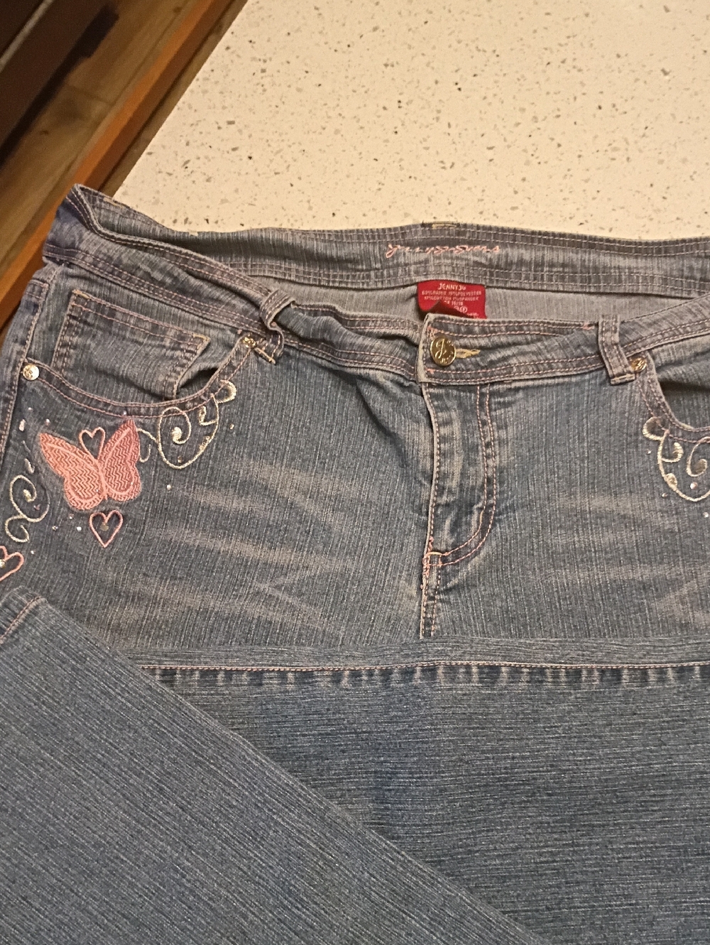 Straight Leg Light Blue Jeans with Pink Butterfly Embroidery
